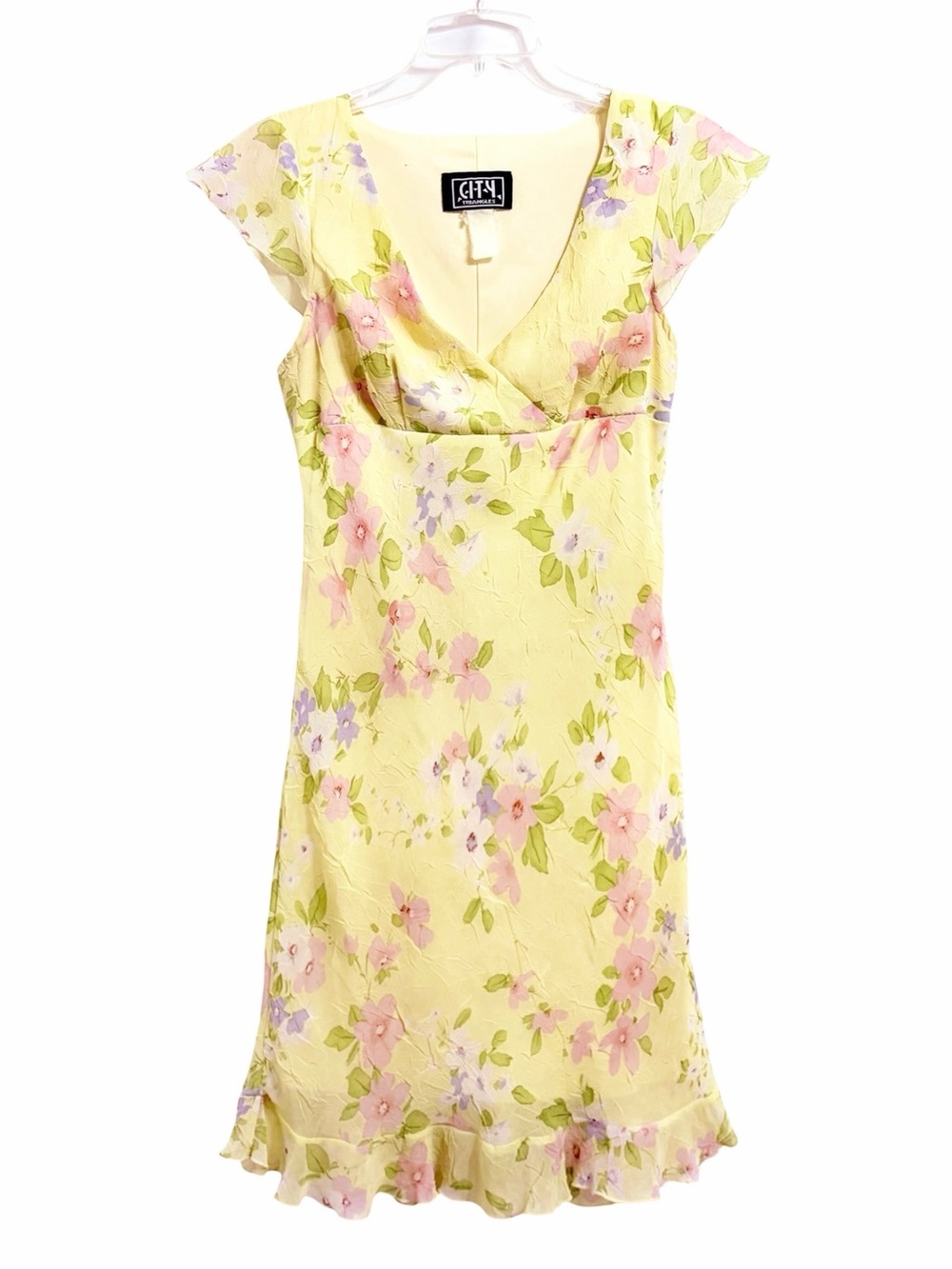 City Triangles Vintage Y2K Fairy Babydoll Midi Dress Yellow Floral Ruffle Hem